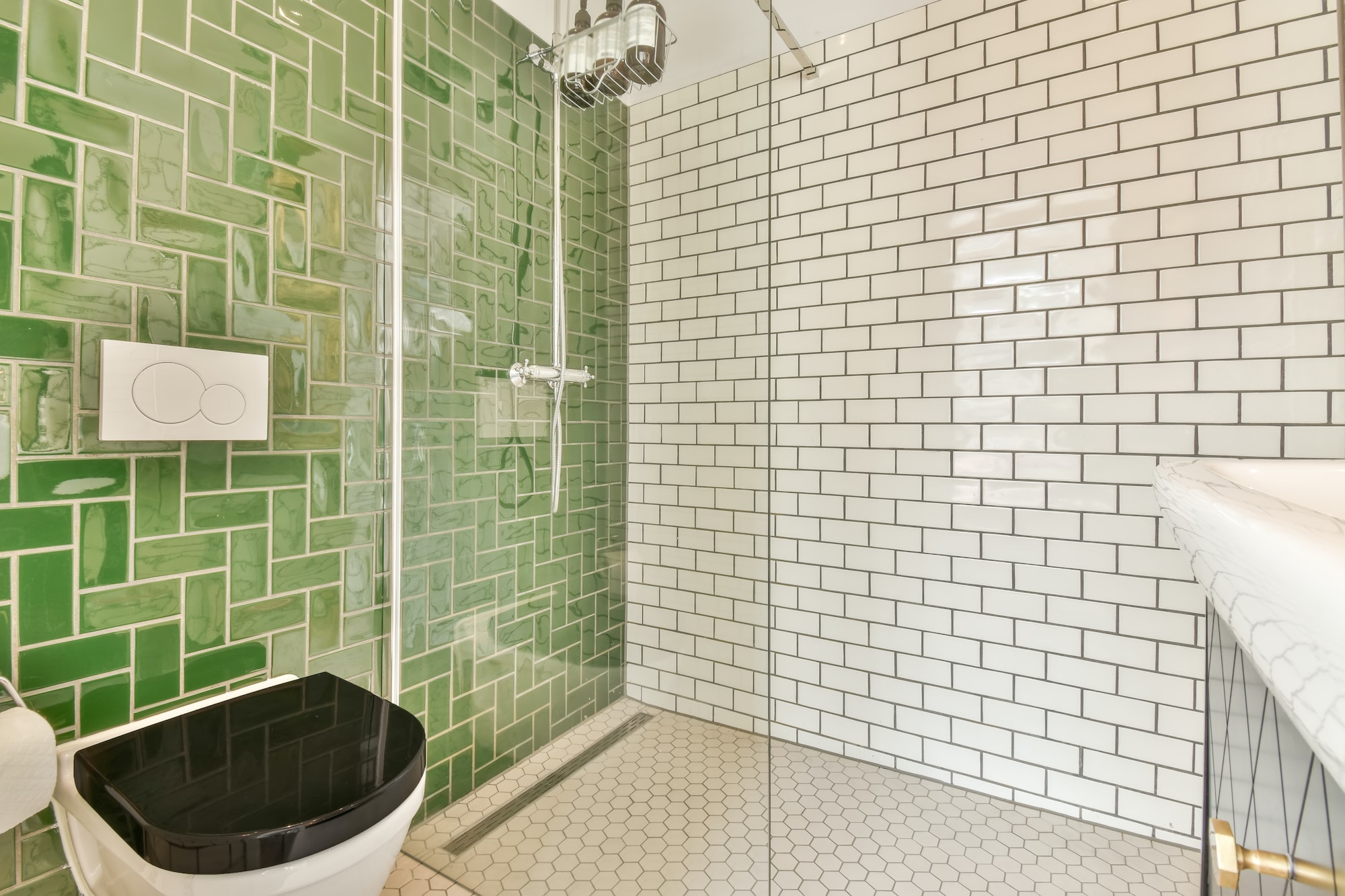 Stylish bathroom with unusual brick tiles